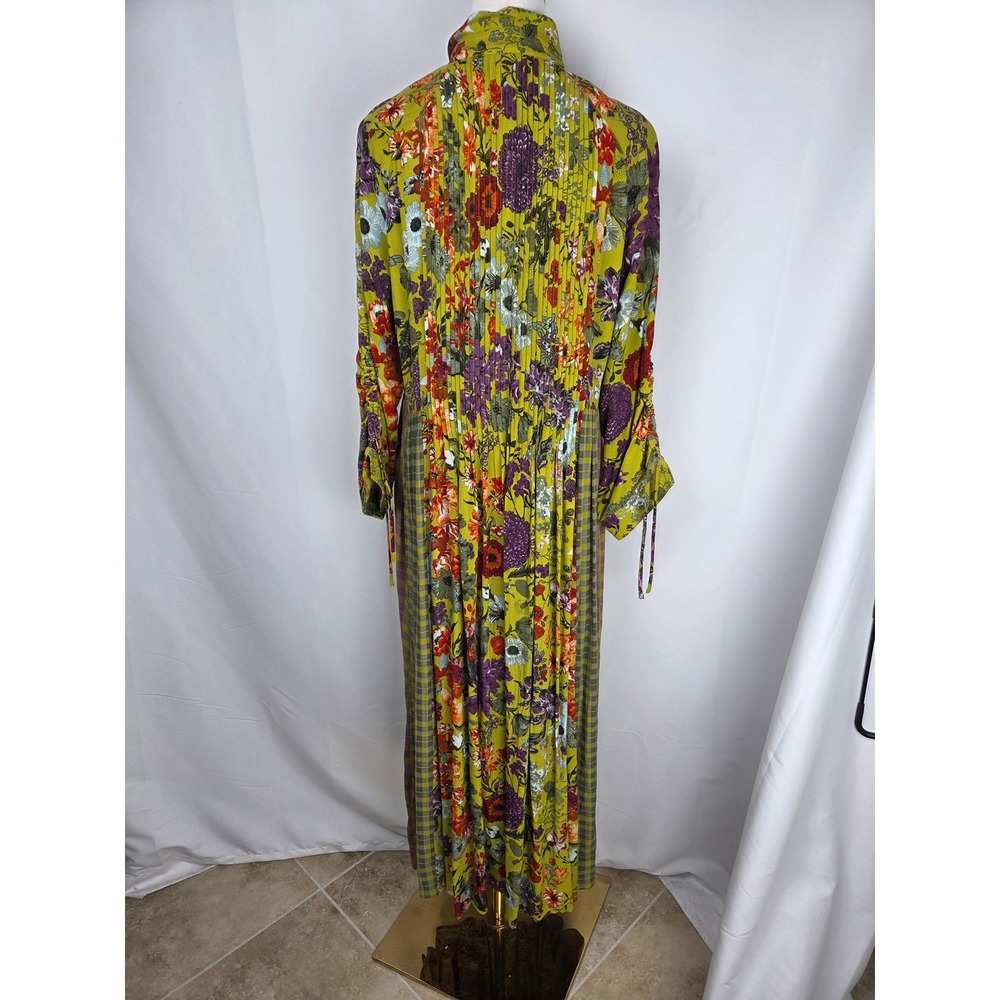 John Mark Maxi Dress Medium Green Floral Gingham Pintuck Button Front Boho Flowy - Picture 6 of 13
